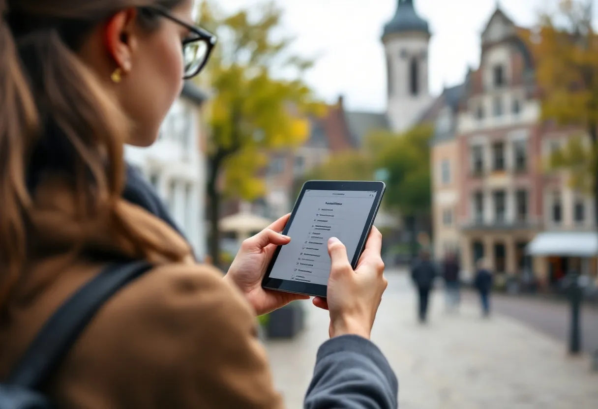 Een jonge vrouw in bedrijfskleding bekijkt op haar tablet een lijst met technische vacatures terwijl ze voor het historische stadhuis van Mechelen staat, met de Sint-Romboutstoren op de achtergrond.