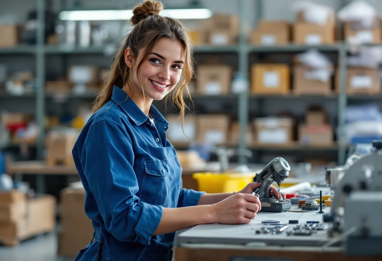 Een jonge vrouw in blauwe werkkleding staat glimlachend aan een werkbank met gereedschap, met op de achtergrond een georganiseerd magazijn vol stellingen.