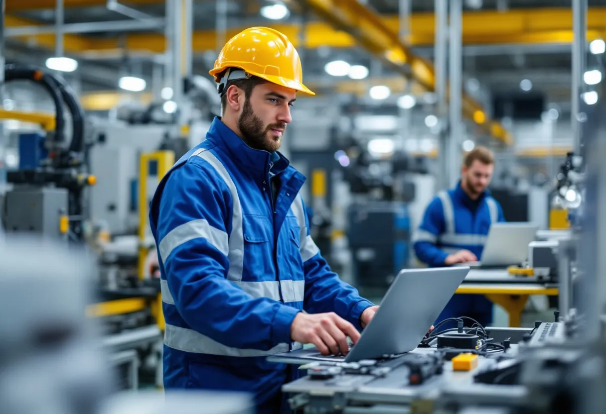 Een technisch bediende in een blauw veiligheidsvest en helm controleert een geautomatiseerde machine in een heldere productiehal in Oost-Vlaanderen, terwijl een collega op de achtergrond een laptop gebruikt.