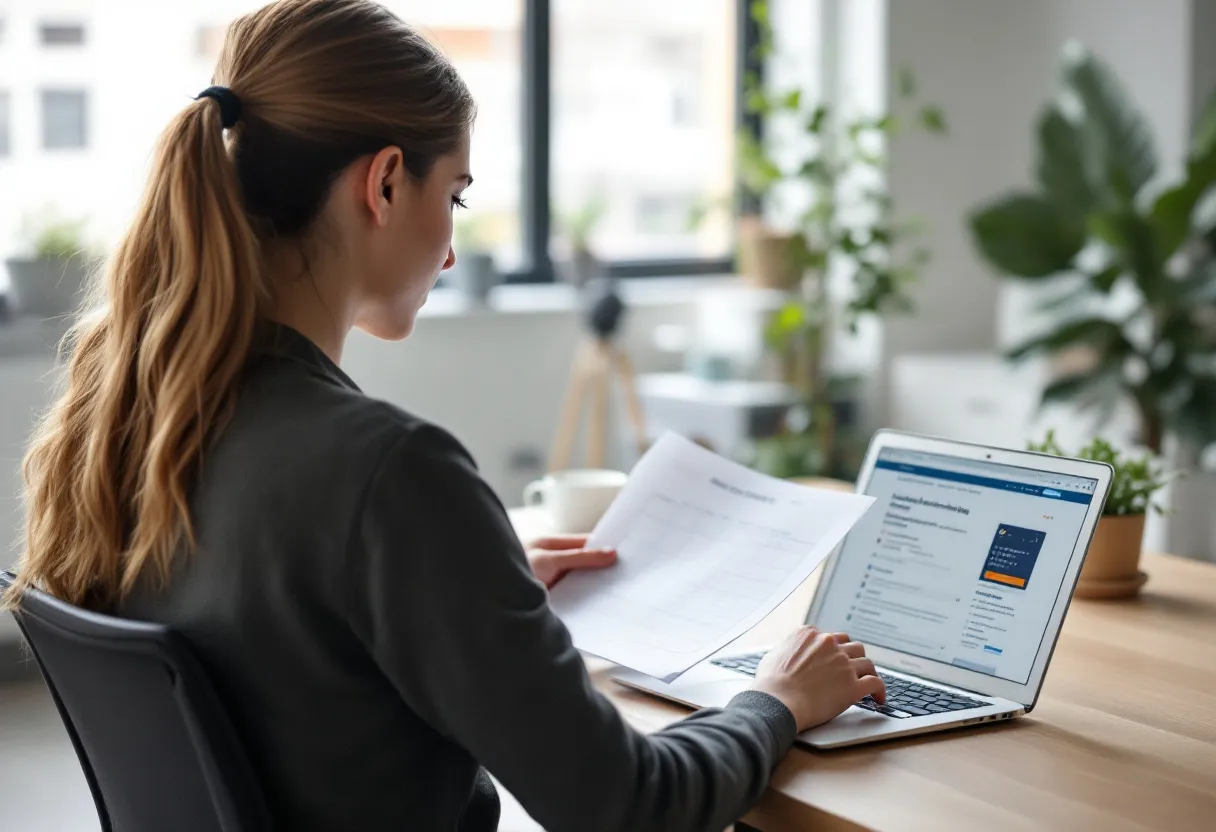 Een jonge vrouw in een kantooromgeving in Vlaanderen bekijkt een kalender en een opzegbrief terwijl ze op haar laptop een website met vacatures voor technisch bedienden raadpleegt.