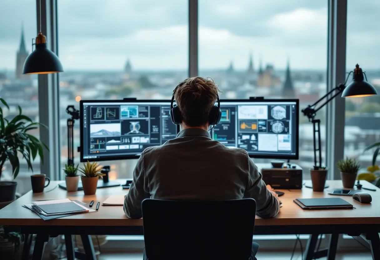 Een jonge technisch tekenaar geconcentreerd aan een modern bureau met twee grote beeldschermen vol CAD-tekeningen, een schetsblok en een koffiekop, in een helder kantoor met uitzicht op een Vlaamse stad.