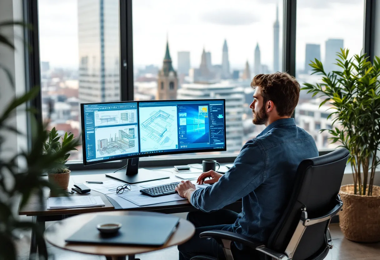 Een jonge man zit aan een tekentafel met een grote monitor, een digitale bouwtekening in AutoCAD en een fysieke blauwdruk ernaast, in een licht kantoor met zicht op de stad.