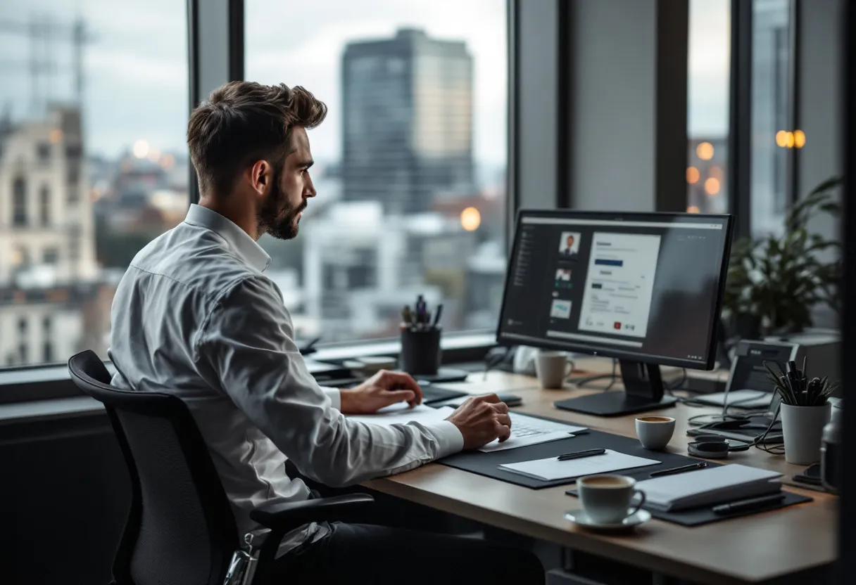 Een mannelijke technisch bediende in een professioneel wit overhemd zit aan een modern bureau in een Vlaams kantoor met uitzicht op de stad. Hij kijkt gefocust naar een scherm met een ontslagbrief en een rekenmachine, met een kop koffie naast zich.