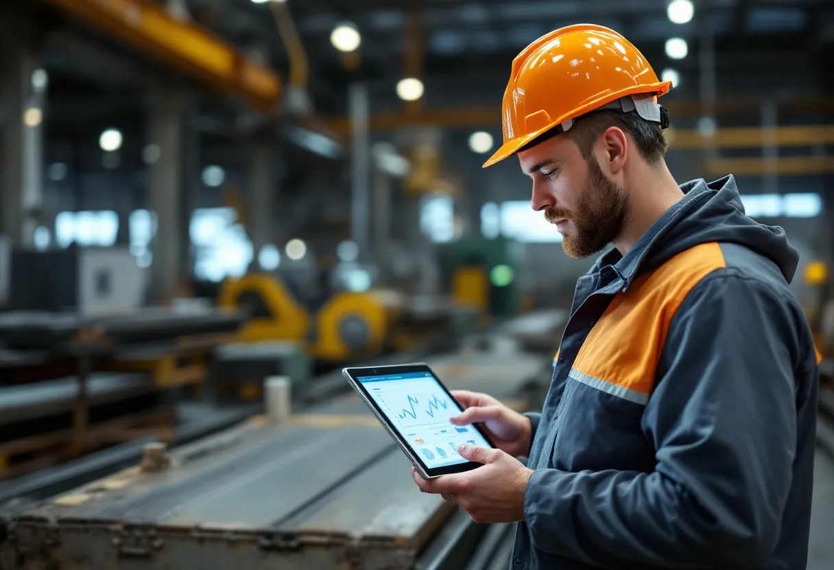 Een mannelijke technisch bediende met veiligheidshelm en oranje hesje staat naast een draaibank in een fabriekshal, terwijl hij op een tablet een grafiek van zijn loonstijging bekijkt.