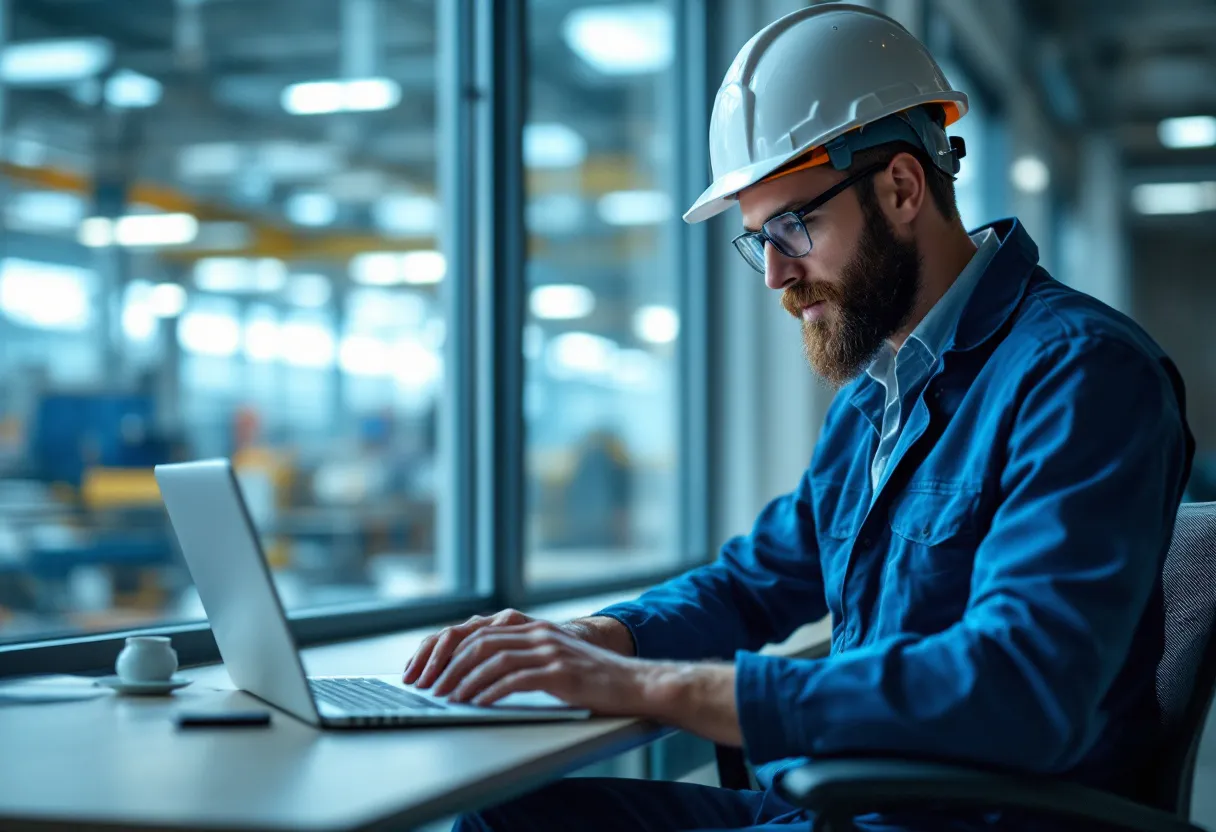 Een mannelijke technisch bediende in een modern kantoor in Vlaanderen, draagt een blauwe overall en een veiligheidshelm, en vergelijkt twee loonstroken terwijl hij voor een laptop zit met uitzicht op een fabriekshal.