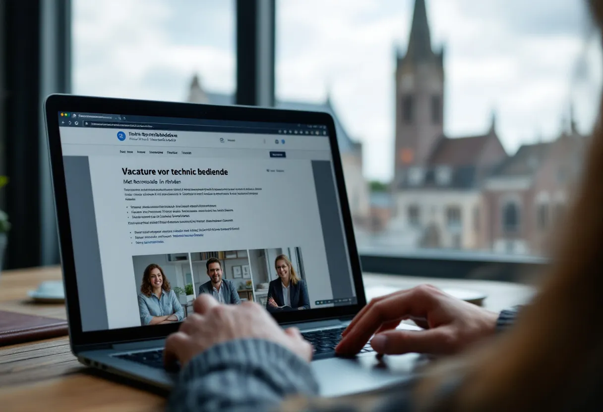 Een technisch bediende bekijkt een vacature voor technisch bediende in Mechelen op een laptop, met op de achtergrond een raam dat uitkijkt op de Mechelse Sint-Romboutstoren.