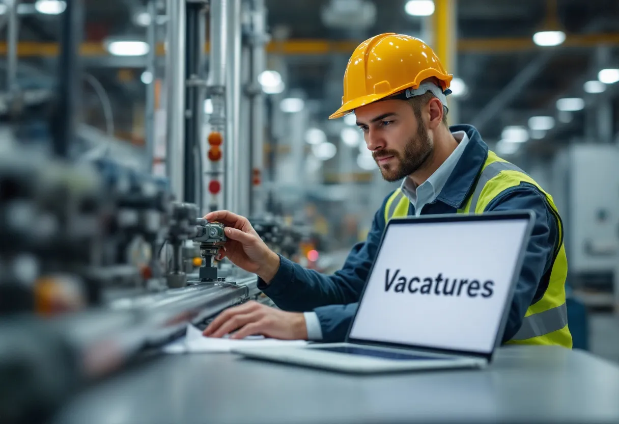 Een technisch bediende met een veiligheidshelm inspecteert een draaibank in een productiehal in Leuven, terwijl een laptop op de werktafel openstaande vacatures toont.