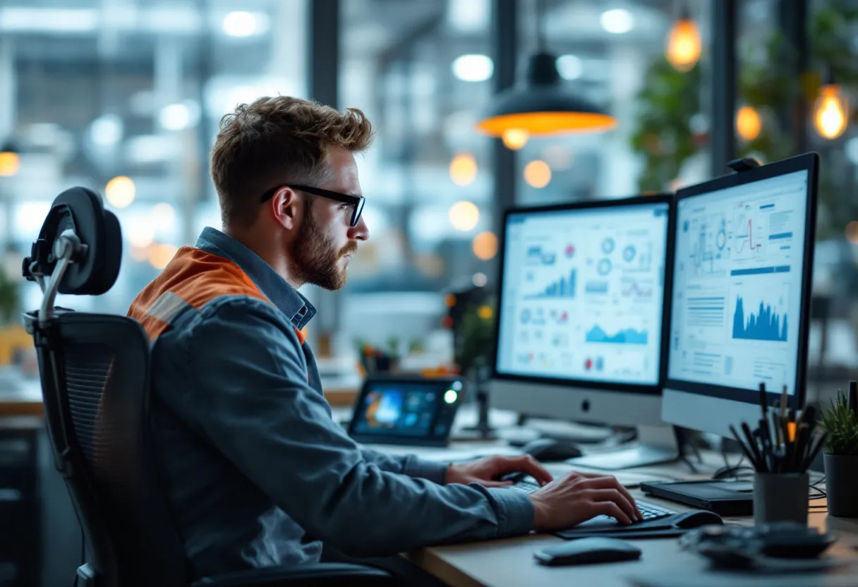 Een realistische foto van een technisch bediende die geconcentreerd werkt aan een computer met technische schema's, in een lichte kantoorruimte met zicht op een Vlaamse industriële omgeving.