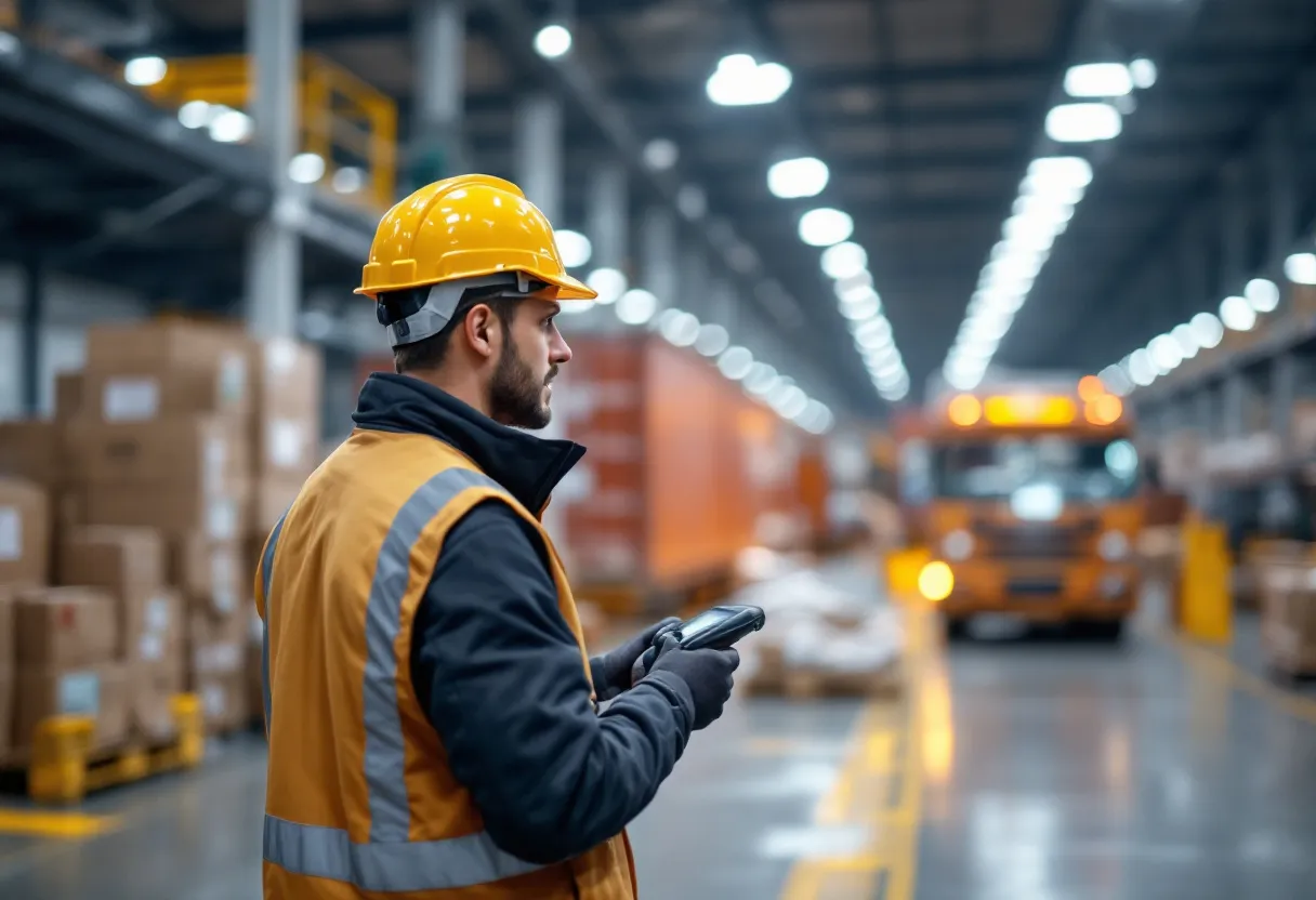 Een technisch bediende met een helm en veiligheidsschoenen staat in een uitgestrekt havenmagazijn in Antwerpen en scant goederen met een handheld scanner, terwijl containers worden geladen op de achtergrond.