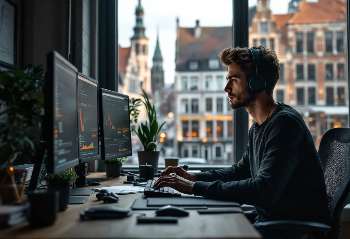 Een fotorealistische scène van een jonge technisch bediende die aan een bureau in een helder kantoor in Mechelen werkt, met een computerscherm vol vacaturedetails en door het raam zicht op de historische Sint-Romboutstoren en bakstenen gevels.